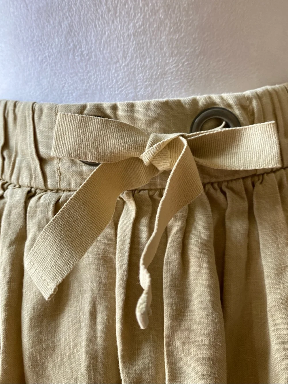 J.Crew Linen Vintage Mini Skirt Beige Size 8 Drawstring Elastic Waist A-Line